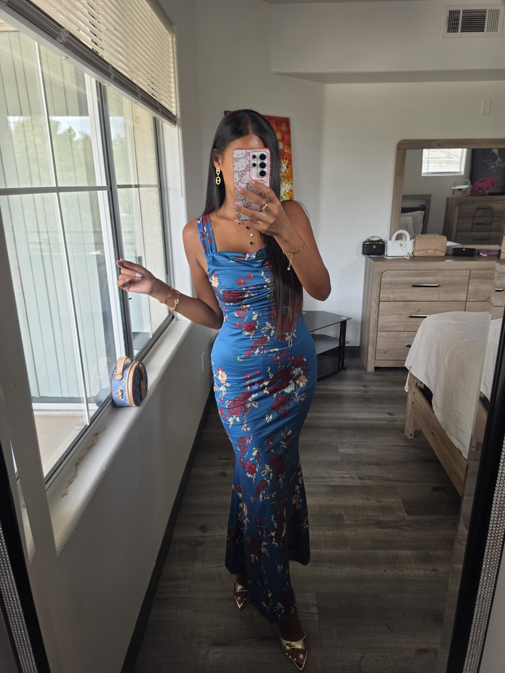 Zara Blue Floral Square-Neck Maxi Dress